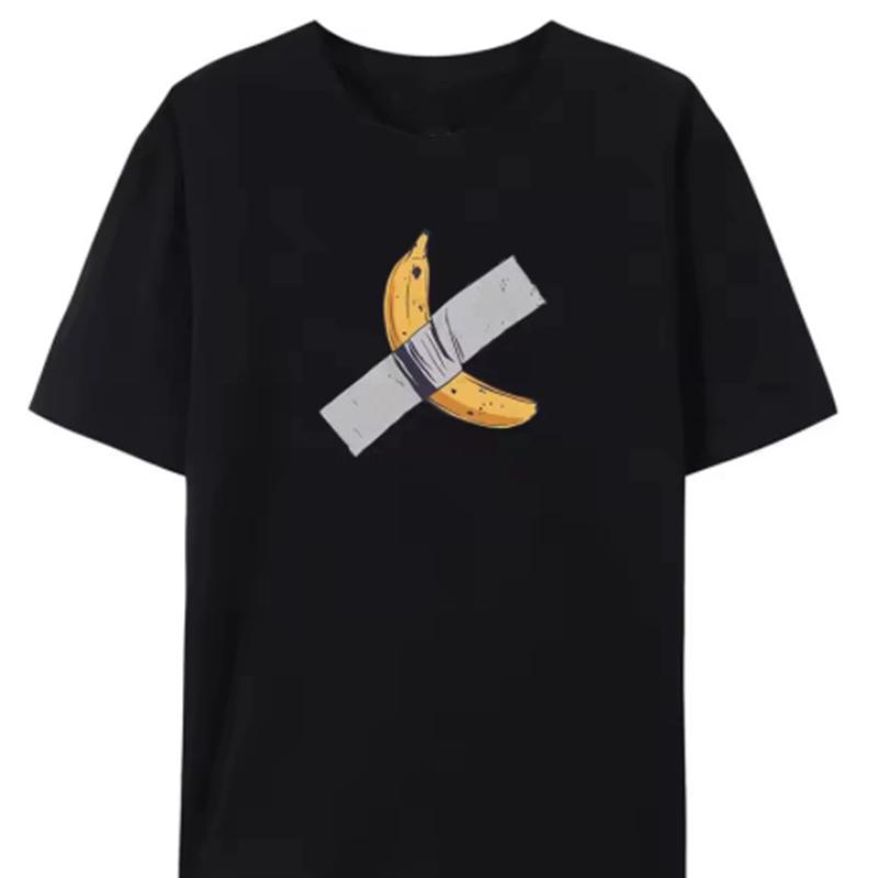 Bananas on The Wall Print Fashion Short Sleeve Womens Crewneck Loose Daily Wear Tshirt Versatile Trendy Basic Fruit Print Tops