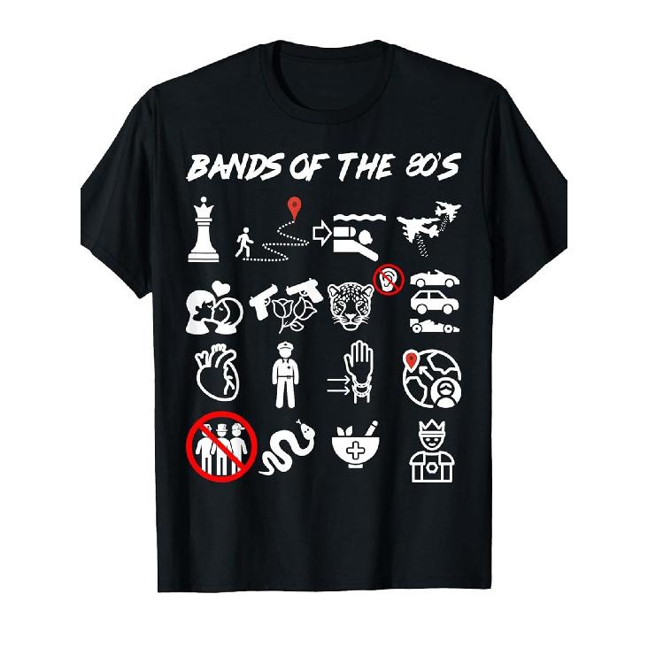 Funny Nerdy Iconic Pop Rock Bands of the 80s White T-Shirt - Soft Vintage 80s Music Graphic Tee with Retro Band Logos, Unisex Casual Round Neck Short S чёрный