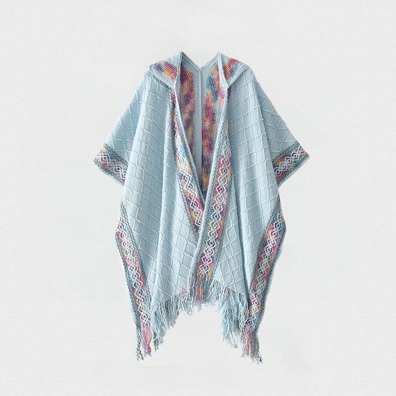 Ethnic Style Cape Hooded Wine Red Shawl Women Wearing Tassel Knitting Yunnan Xinjiang Xizang Tourist Cloak Cloak