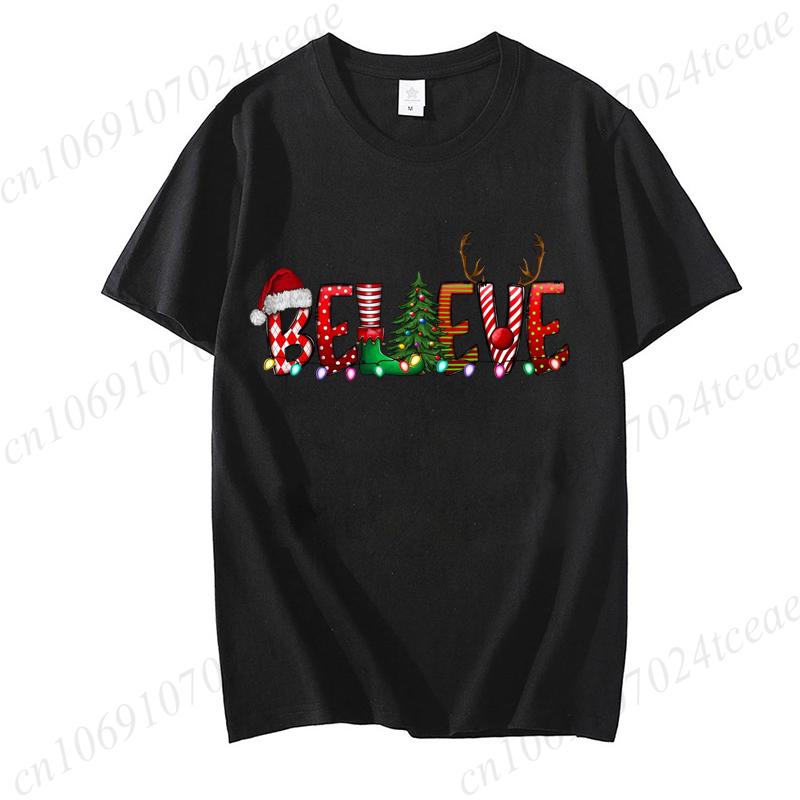 Believe Christmas Print Tshirt for Women Short Sleeve Casual Top Women Streetwear Family Christmas Graphic Tees Vintage Shirt