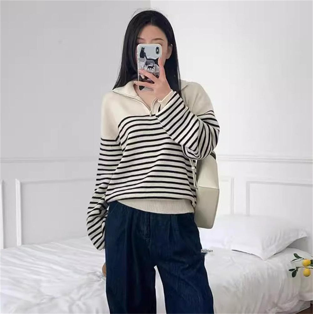 Women's French Retro Striped Half-Zip Knit Sweater - High Neck, Loose Fit for Autumn/Winter