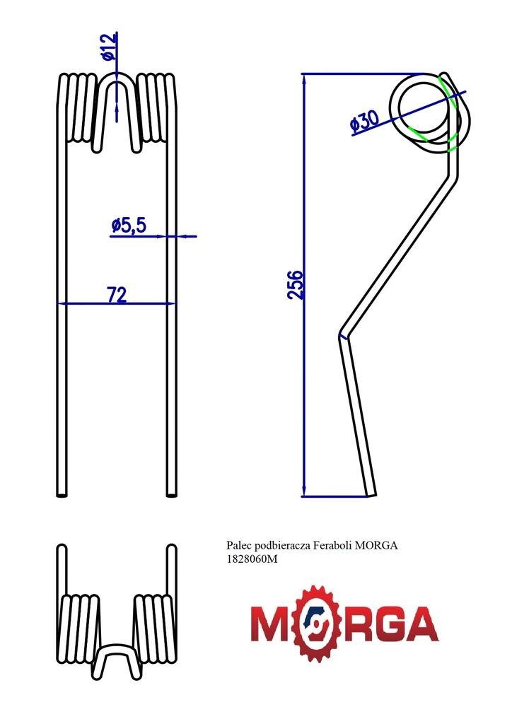 Feraboli Pick-up Tine Right 180000 FI-5.5mm -256mm Powder Coated MORGA