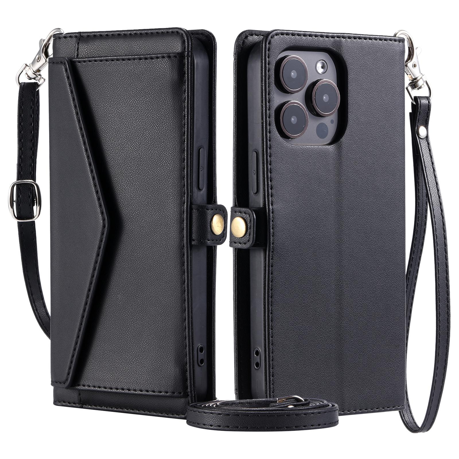 

For iPhone 16 Pro Leather Case Wallet Stand Phone Cover with Straps Black