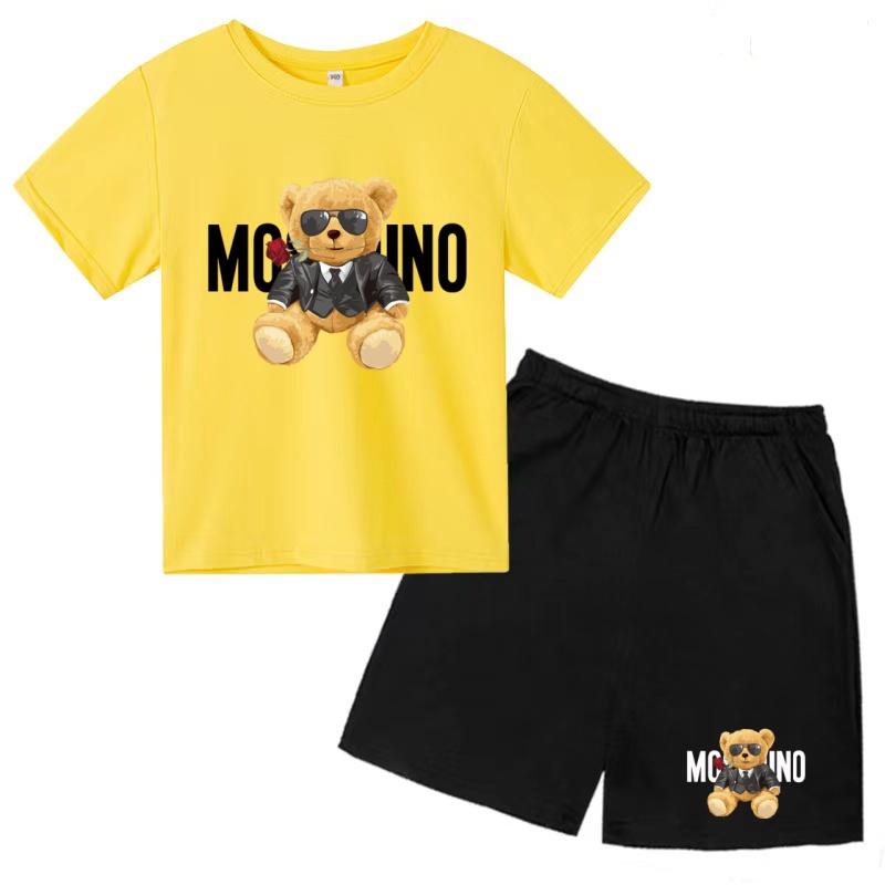 Children Summer Charming Rose Letter Bear Print T-shirt+Shorts Set Boys Girls Casual Toddler Sports First Choice Clothes