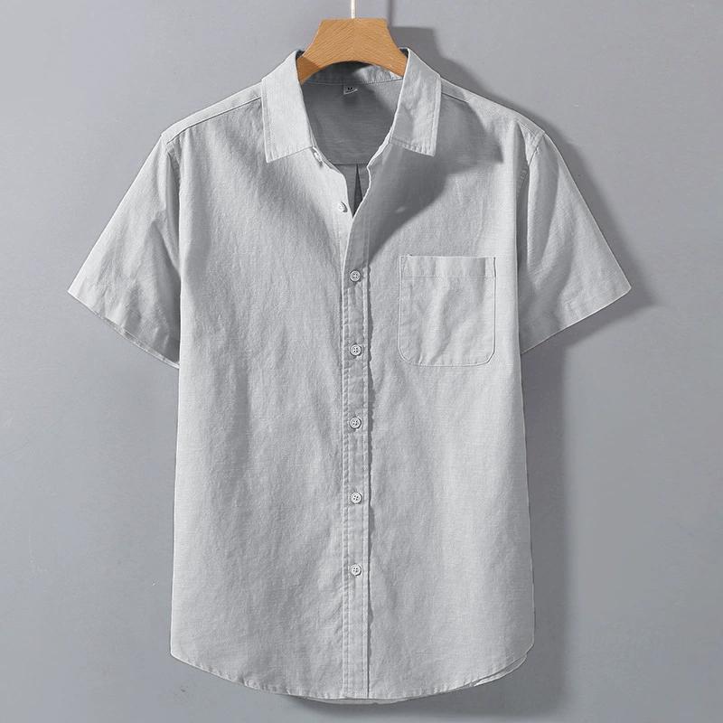 Summer Mens Short Sleeve Shirts Solid Color Stand Collar Oversize T Shirts Breathable Loose Youth Basic Cotton Pocket Shirts Man