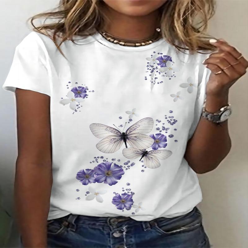 3D Printing, Casual T-shirt, Women's Butterfly Printed Short Sleeved Round Neck T-shirt