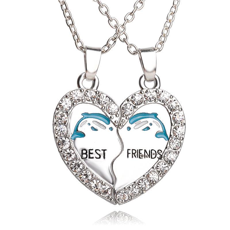 Rhinestone Heart Necklace: European & American Heart Metal Pendant with Best Friend Letter
