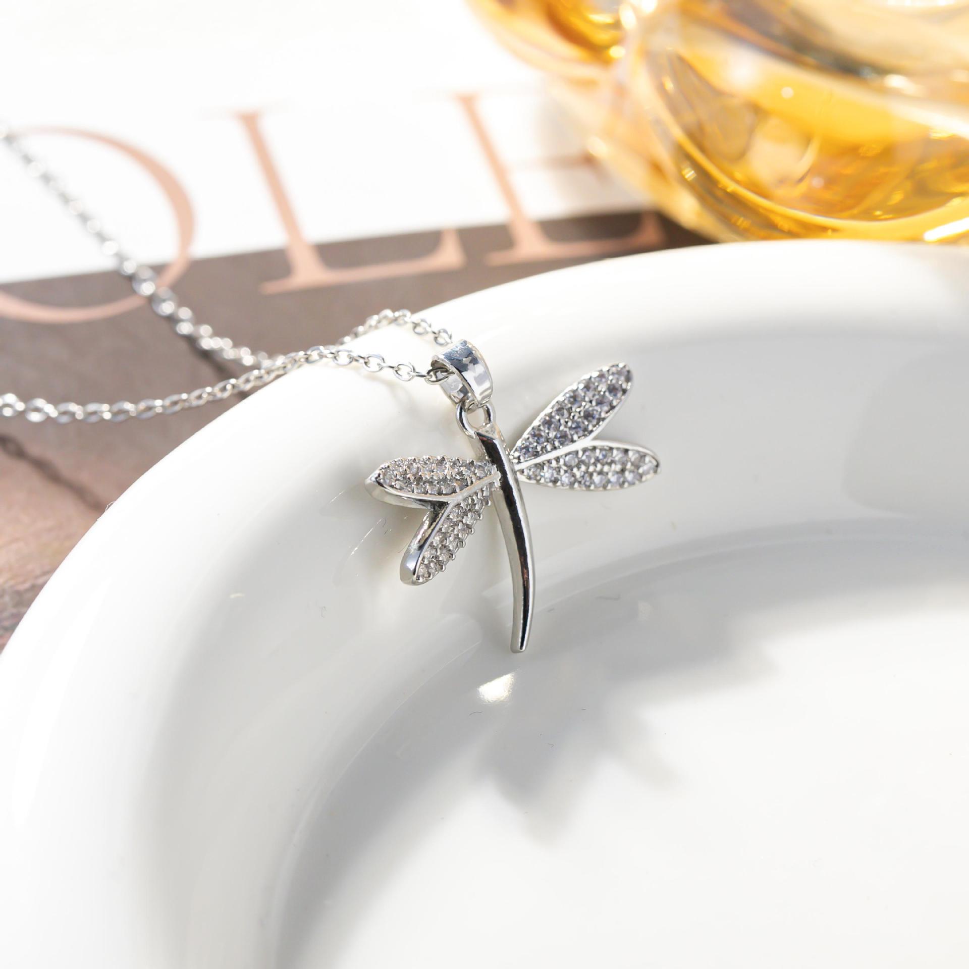 Elegant Rhinestone Dragonfly Necklace - Japanese Korean Design, Silver Clavicle Chain