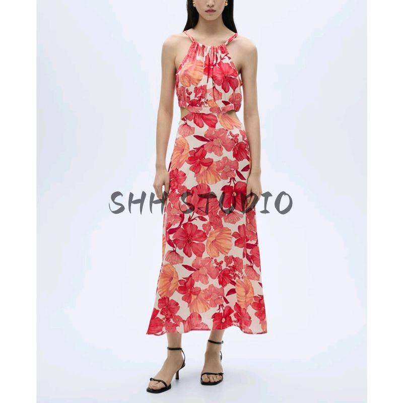 Summer New Arrival Women's Clothing French Vacation Style Open Back Hanging Collar Cut Out Print Dress 87092531