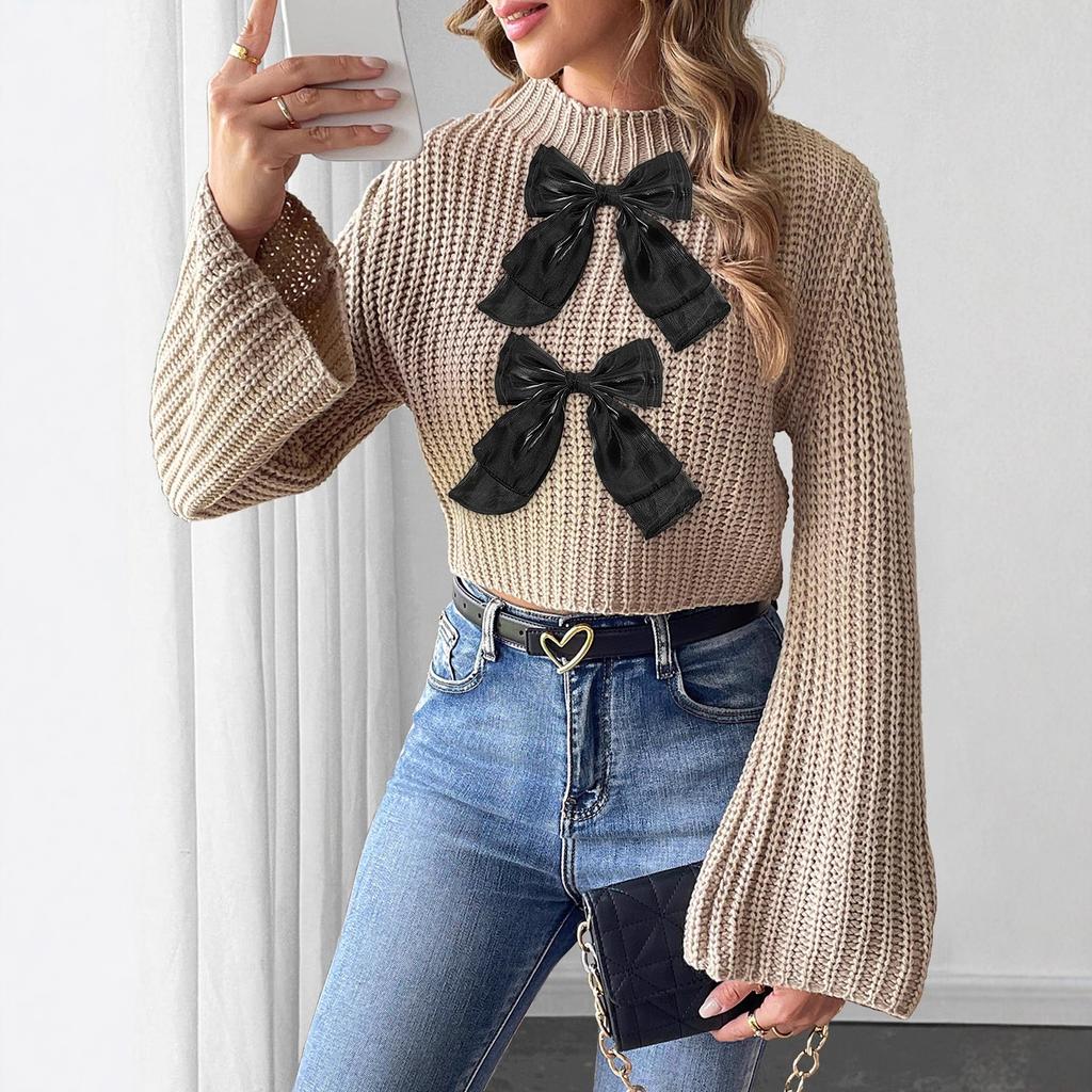 Short Crop Top Sweater with Bow Tie and Flared Sleeves, Semi-high Neck Pullover Sweater for Women