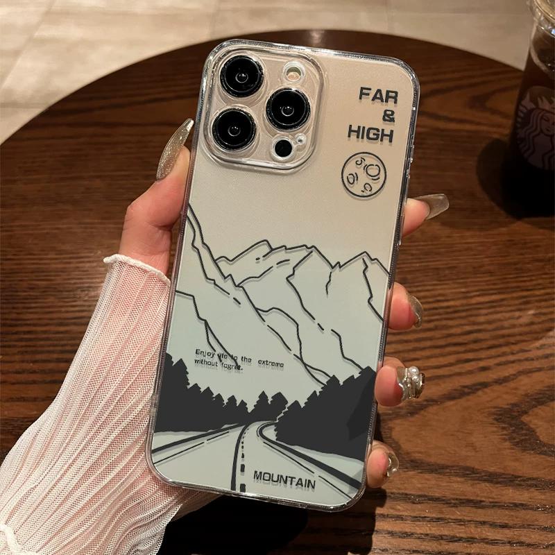 Minimalist Mountain Landscape TPU Phone Case For IPhone 15 14 13 12 11 Pro Max X XR XS 8 7 Plus, Clear Shockproof Protective Cover