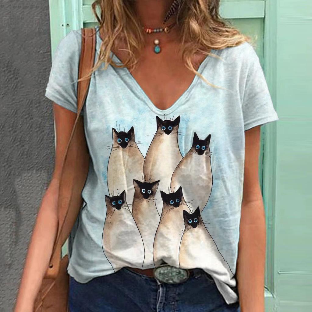 Summer Cat 3D Printed V-neck Short Sleeved  Women's T-shirts