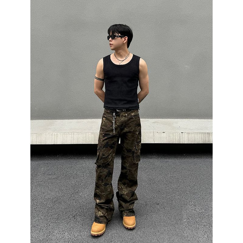 Blaexit Retro Camouflage Straight-leg Micro-Pull Cargo Pants