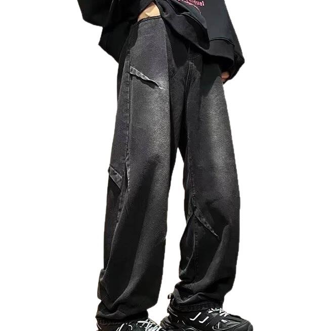 American high street ruffian handsome retro jeans men's spring and autumn trendy brand design sense loose straight wide leg trousers boys