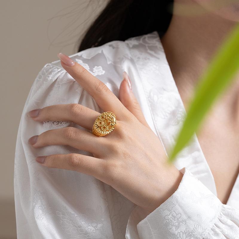 JMXD-Yellow Gold Pixiu Ring, Retro Versatile Light Luxury, High-end Atmosphere, Safe and Lucky, Meaning Coin Opening Index Finger Ring