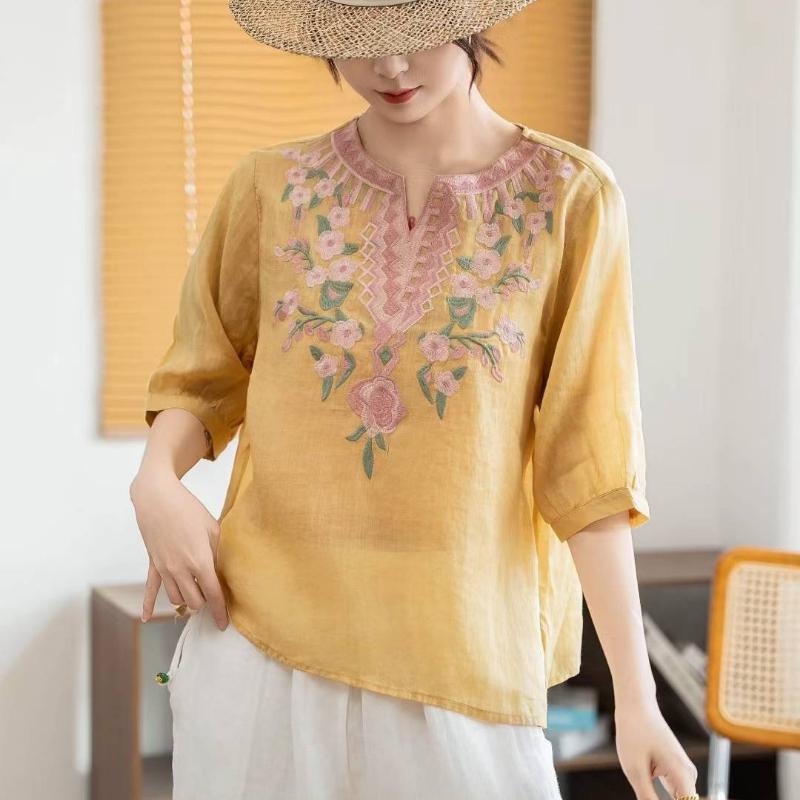 Chinese Style Women's Blouses Embroidered Vintage Shirts Loose Summer Clothing Short Sleeved Cotton Linen Women Tops