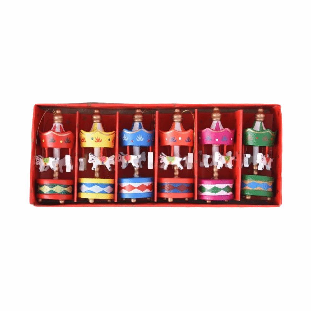 6Pcs Decorative Mini Christmas Wooden Carousel Gifts DIY Crafts Christmas Handmade Carousel Xmas Carousel Hanging New Year Decor