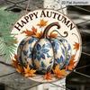 2D Flat, 1pc Round Aluminum Hanging Sign - Blue & White Pumpkin & Maple Leaf Rustic Farmhouse Decor, Vintage-Inspired Autumn Thanksgiving & Halloween