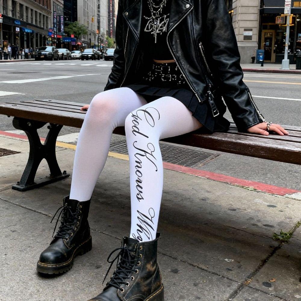 White Y2K Women's Long Socks Versatile Silk Sexy Stockings Lingerie Gothic Subculture Letter Printed Pantyhose Daily Use
