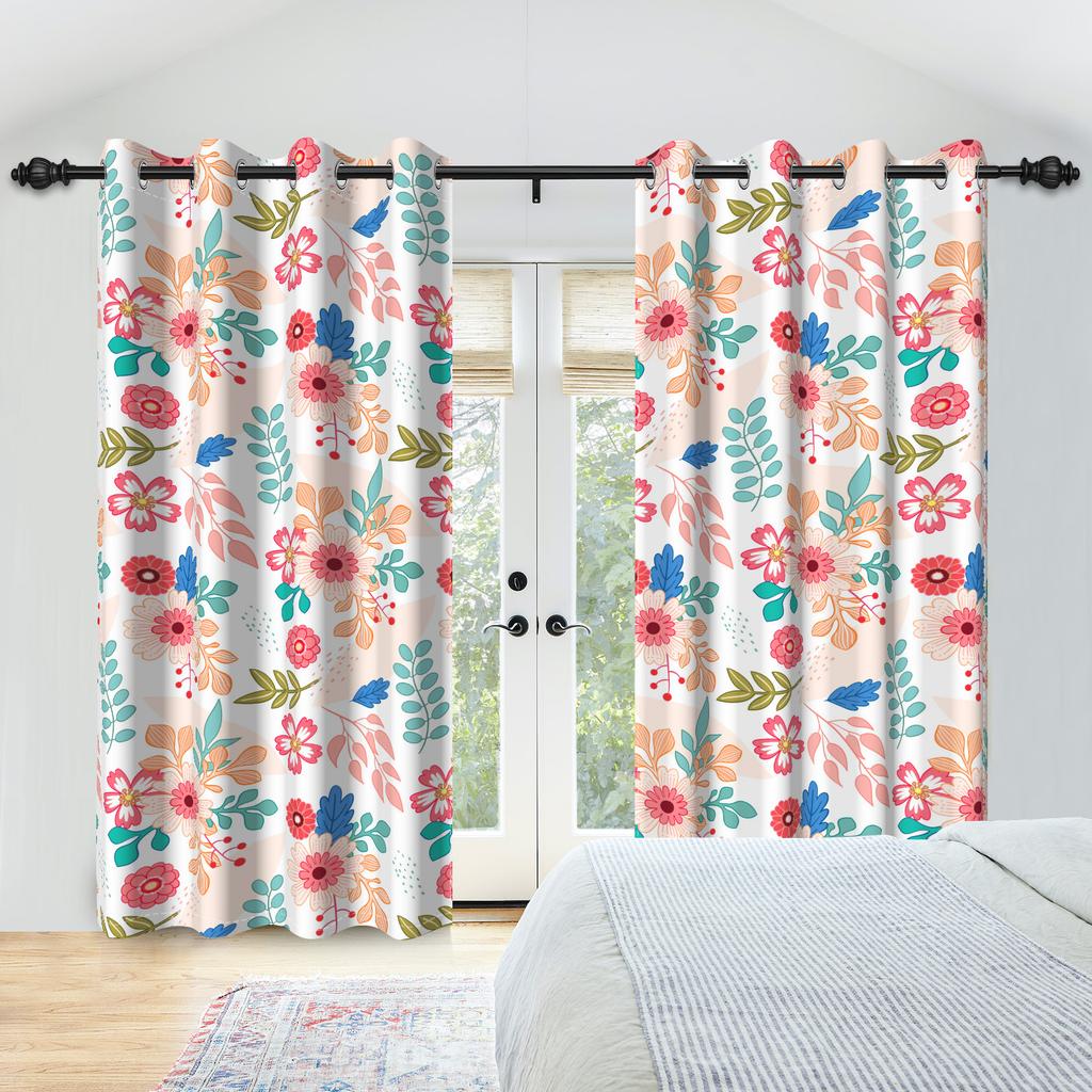 2Pcs Floral Botanical Print Curtains Natural Flowers Farmhouse Drapes Living Room Bedroom Kitchen Decoration Blackout Curtains