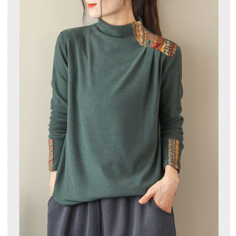 Dubbelsidiga tryckta sammetstoppar med en litterär retro kinesisk stil patchbas långärmad t-shirt tunn sammetsskjorta