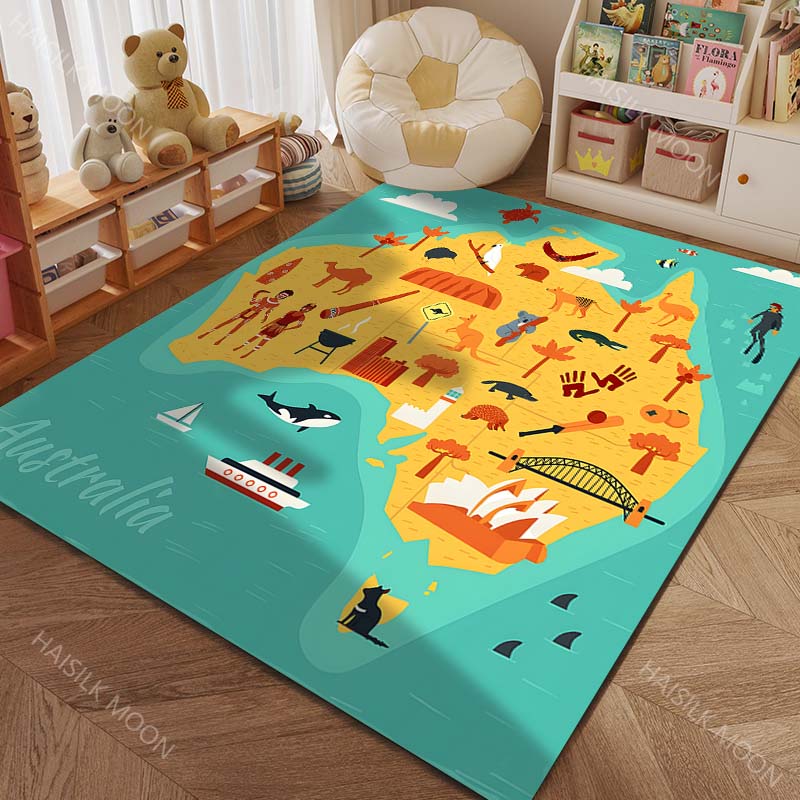 Cartoon Map of Five Continents with Animals Print Carpet for Living Room Bedroom Sofa Doormat Decor Kids Room Area Rug for Gifts