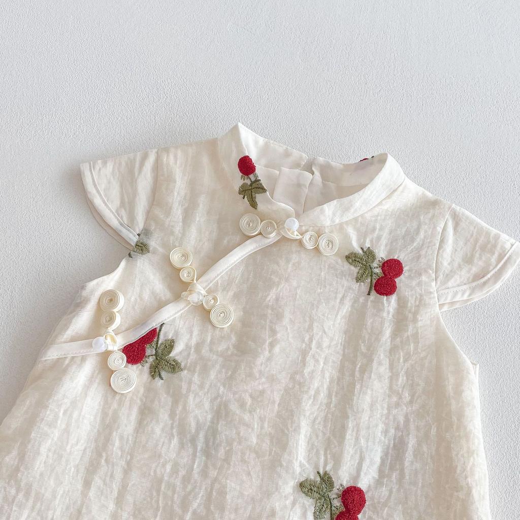 Girls Cherry Cheongsam Dress Summer Chinese Style Cross Collar Princess Dress Fashion Outfit for Kids