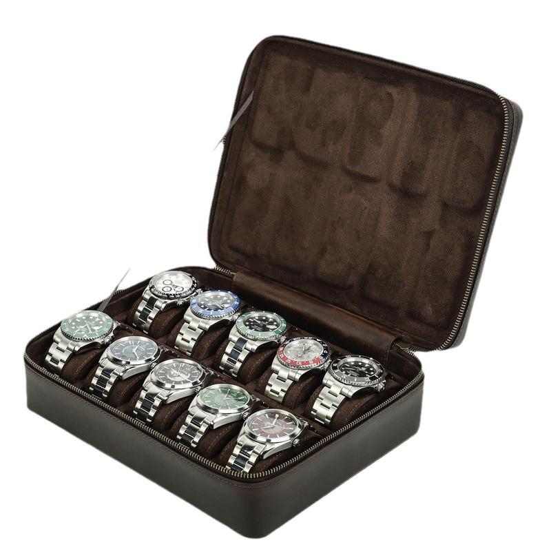 Retro Crazy Horse Cowhide Leather Watch Box - 10-Slot Handcrafted Storage for Wristwatches
