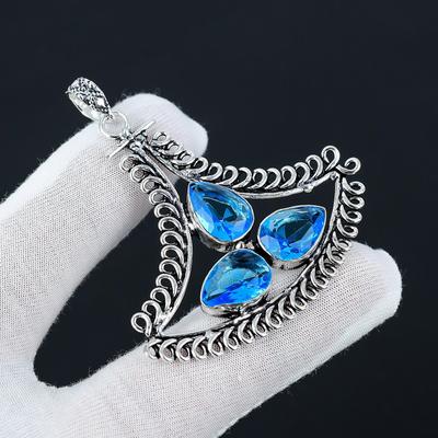 Topaz Albastru Elvețian Piatră Prețioasă Piatră Prețioasă de Calitate Superioară Pandantiv Handmade Pandantiv din Argint Sterling 925, Pandantiv Antic, Pandantiv cu Trei Pietre Pentru Cadouri