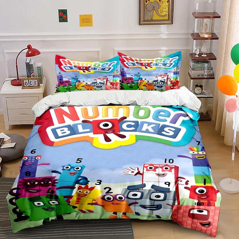 Fun Cartoon Number Building Blocks Printed Bedding Set 1Duvet Cover 2Pillowcases Boys Girls Children Luxury Gifts Multiple Sizes