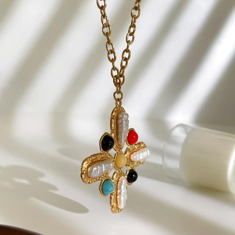 Lång Lager Kors Berlock Halsband Stadigt Rostfritt Stål Smycken Med Ädelstenar Och Imitationspärlor Detaljer
