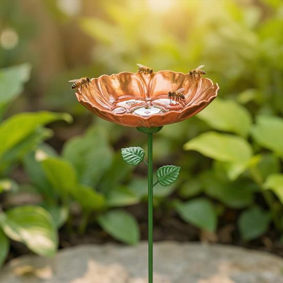 4Pcs Metal Flower Bird Baths, Garden Stake Bee Water Feeder, Outdoor Pollinators Cup, Bee Drinking Station Feeder Tray for Hummingbirds Butterflies