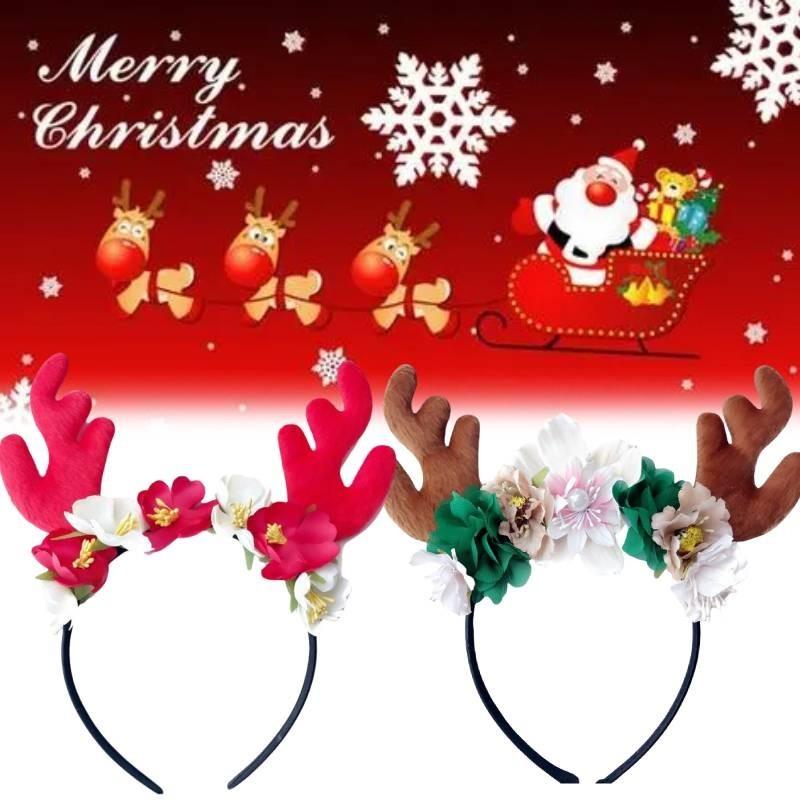 Festive Red Velvet Reindeer Antlers Headband With Floral Design For Girls