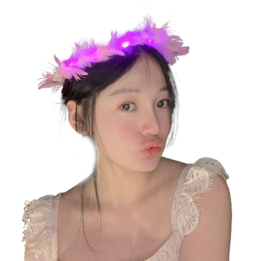 Glow LED Feather Headband New Year Women Hairband Sweet White Feather Luminous Garland  For Girls