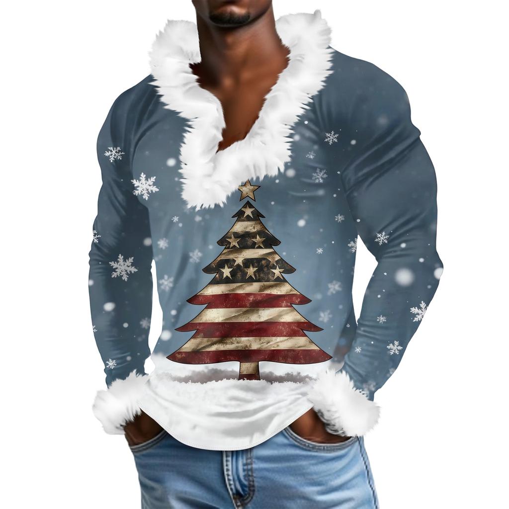 Herren Lässiges Weihnachten Bedrucktes Plüsch V-Ausschnitt und Fleece Langarm-Sweatshirt