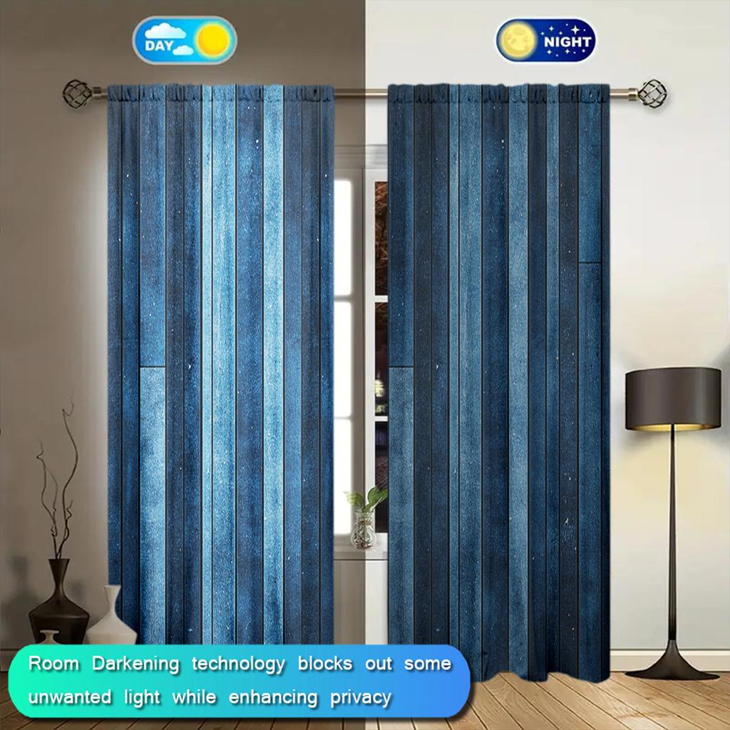 2pcs American Retro Style Blue Wood Grain Printed Curtain for Home Decor - Rod Pocket Window Treatment for Bedroom Office