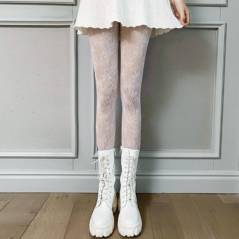 

Women s Three Bowknot Tights Hollowed-out Fishnet Stockings Mesh Summer Thin Velvet Bow Lolita Japanese Y2k Girls Pantyhose One Size