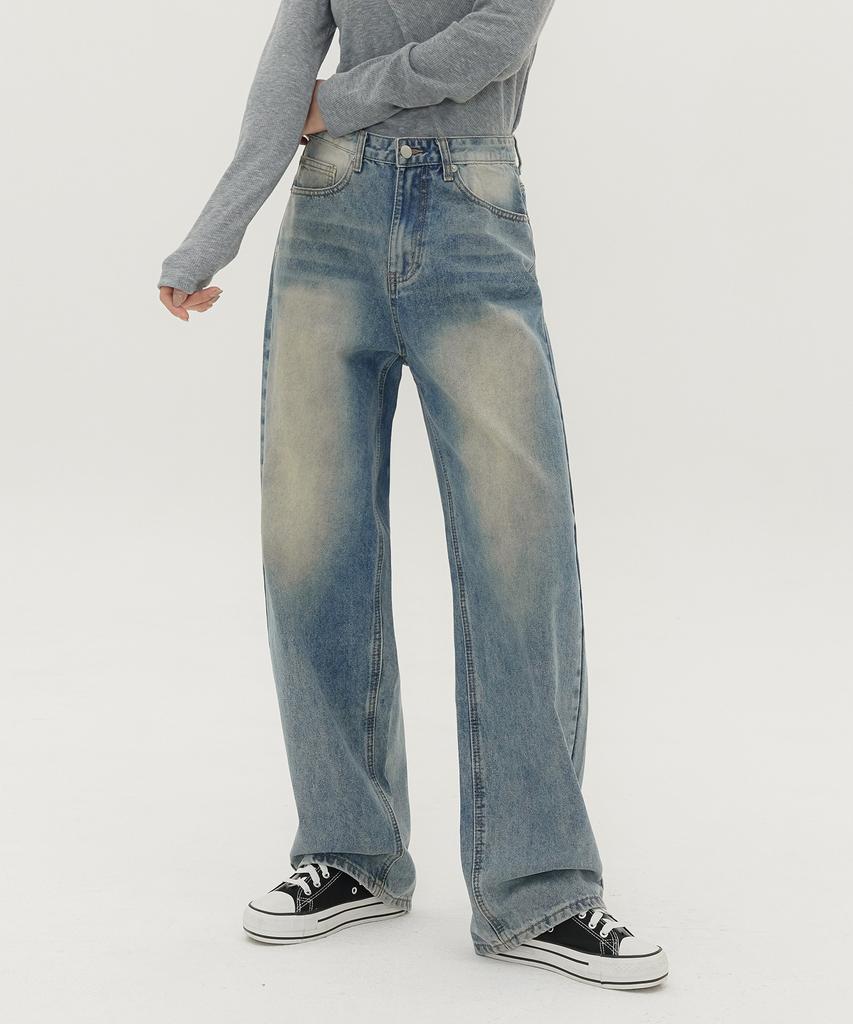 Akeusi Loose Washed Balloon Fit Wide Denim Pants Unisex (Vintage Blue)