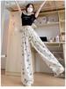 2028 Women's Summer Petite Rhinestone Butterfly Print Ice Silk White Wide-Leg Pants