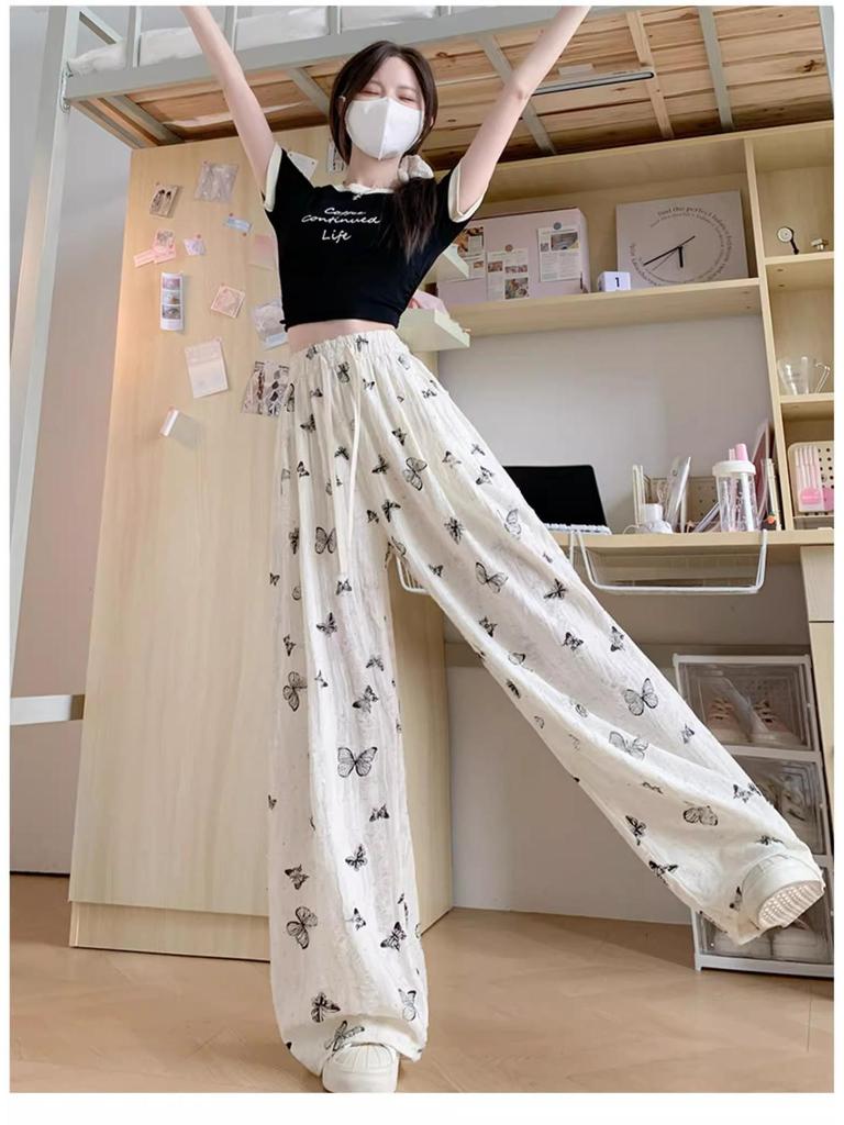 2028 Women's Summer Petite Rhinestone Butterfly Print Ice Silk White Wide-Leg Pants