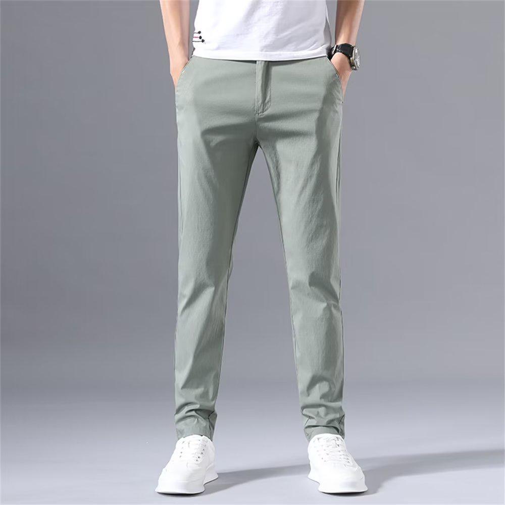2025 Summer Men's Slim Straight Ice Silk Pants: Trendy, Elastic, Solid Color, Casual All-Match