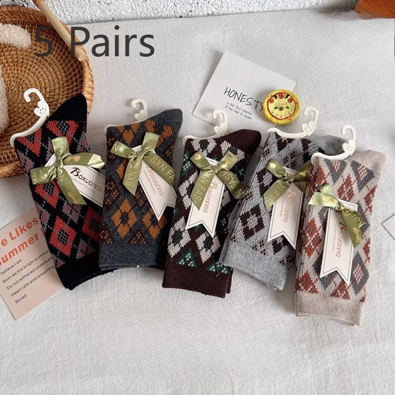 5 Pairs of Thick Mid-calf Socks for Women In Autumn and Winter, Retro Leopard Print Warm Combed Cotton Pile Socks for Women