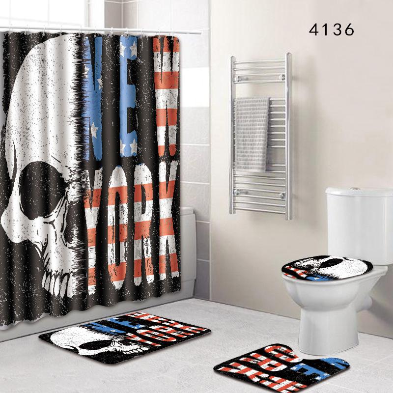 Skull Bathroom Shower Curtain Floor Mat Toilet Cover Foot Pad Four-Piece Pattern Size Fixed Zhi