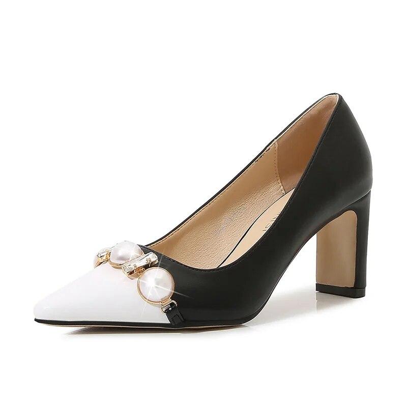 Dámské pracovní boty na vysokém podpatku kancelářská móda sexy měkké pohodlné perlové kamínky 7,5 cm podpatek WZ