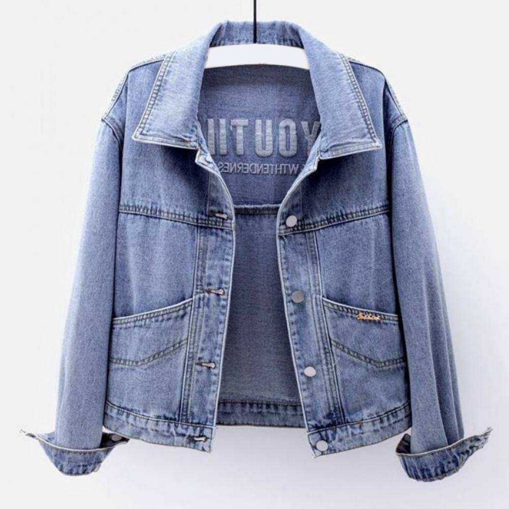 Damenjacke Umlegekragen Langarm Einreihig Einfarbig Knöpfe Stickerei Taschen Kurzer Typ Denim Hip Hop Street