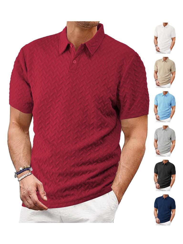 Men's Breathable Sweat Wicking Sweatshirt, Loose and Casual, Solid Color Jacquard Fabric, Men's Short Sleeved Polo Shirt