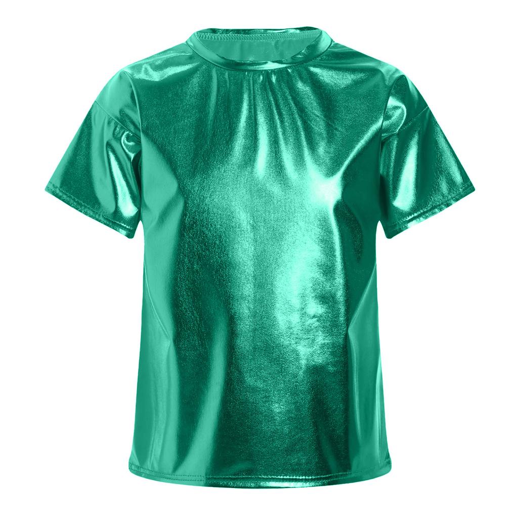 Girls Metallic Shiny Short Sleeve T-Shirt Round Neck Dance Party Performance Top