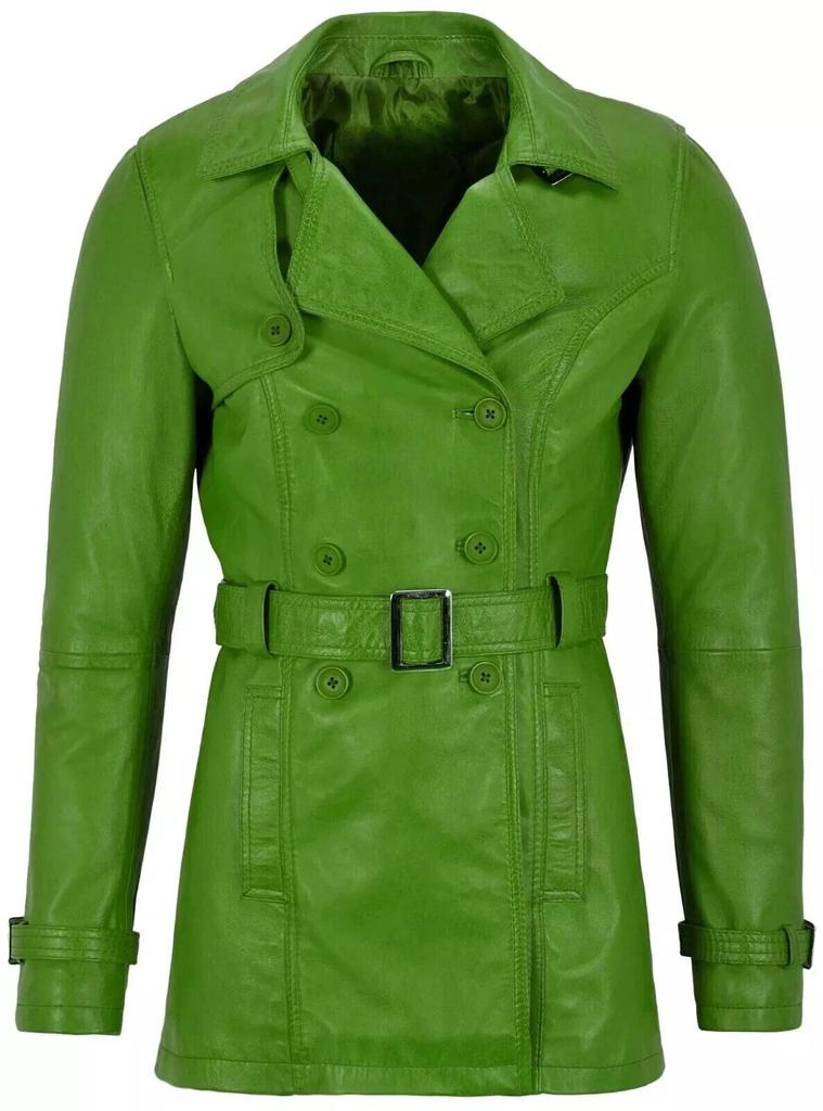 Lambskin Genuine Leather Casual Soft Fit Women Trench Coat Stylish Green Handmade