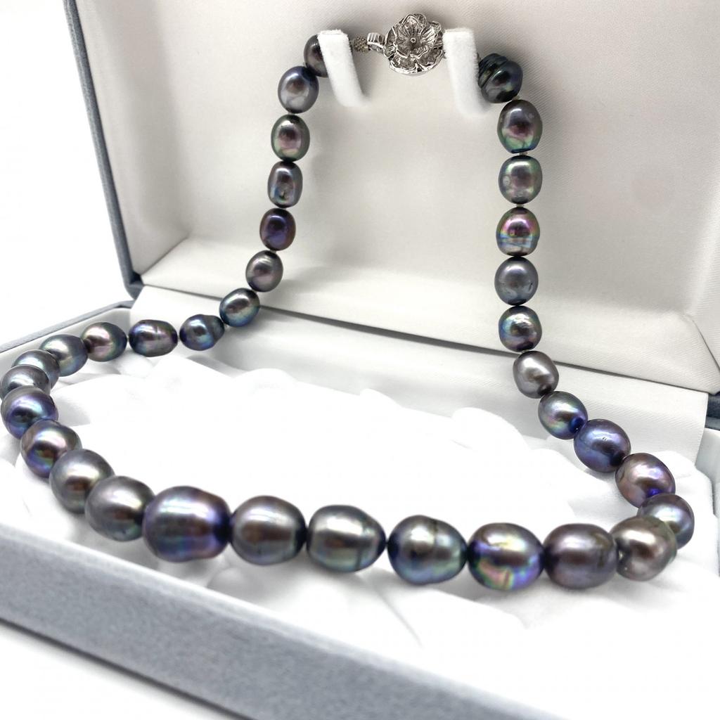 High-Quality Black Necklace Baroque Pearl Natural Jewelry Semi-Round Peacock Luster Approx 47cm 10.0mm–12.5mm 65.4g Silver Clasps