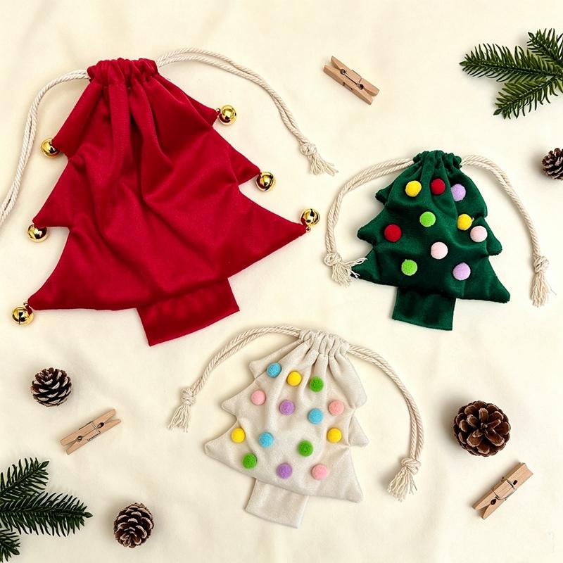 Xmas Tree Velvet Drawstring Bag Colorful Pom Pom Bell Decor Christmas Eve Gift Candy Storage Pouch Hanging Decoration Ornament 7